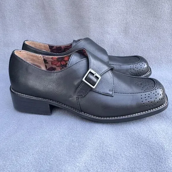 Korks Theodore Monk Shoes Womens Size 8 Black Strap Buckle Block Heel Wingtip - Picture 5 of 10